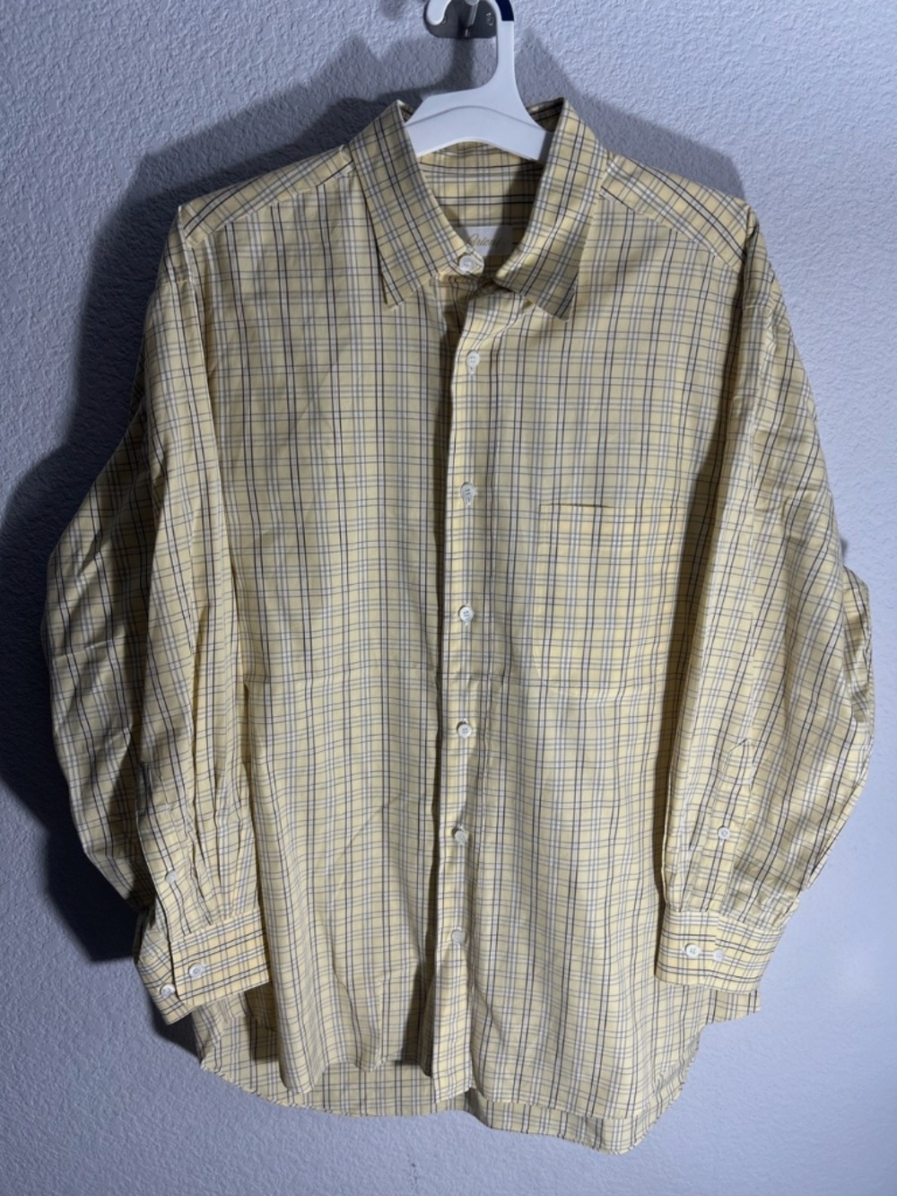 Brioni Men's Button Up Check Plaid Shirt Yellow Blue Long Sleeve Italy XL